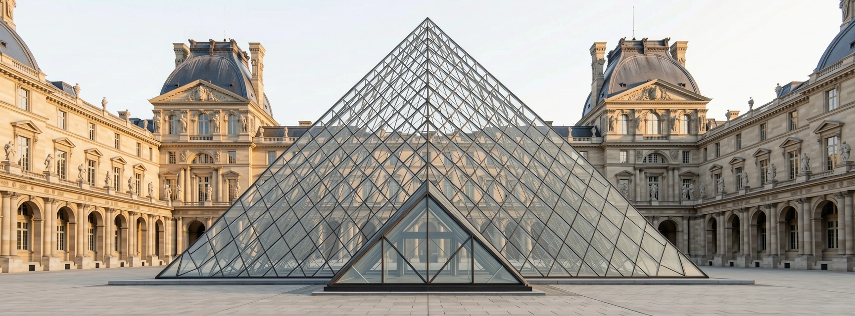 Louvre Pyramideneingang bei Sonnenaufgang